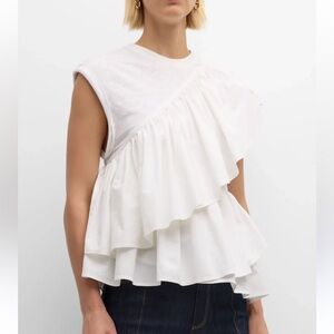 cinq a sept White Ruffled Asymmetrical Cotton Tank